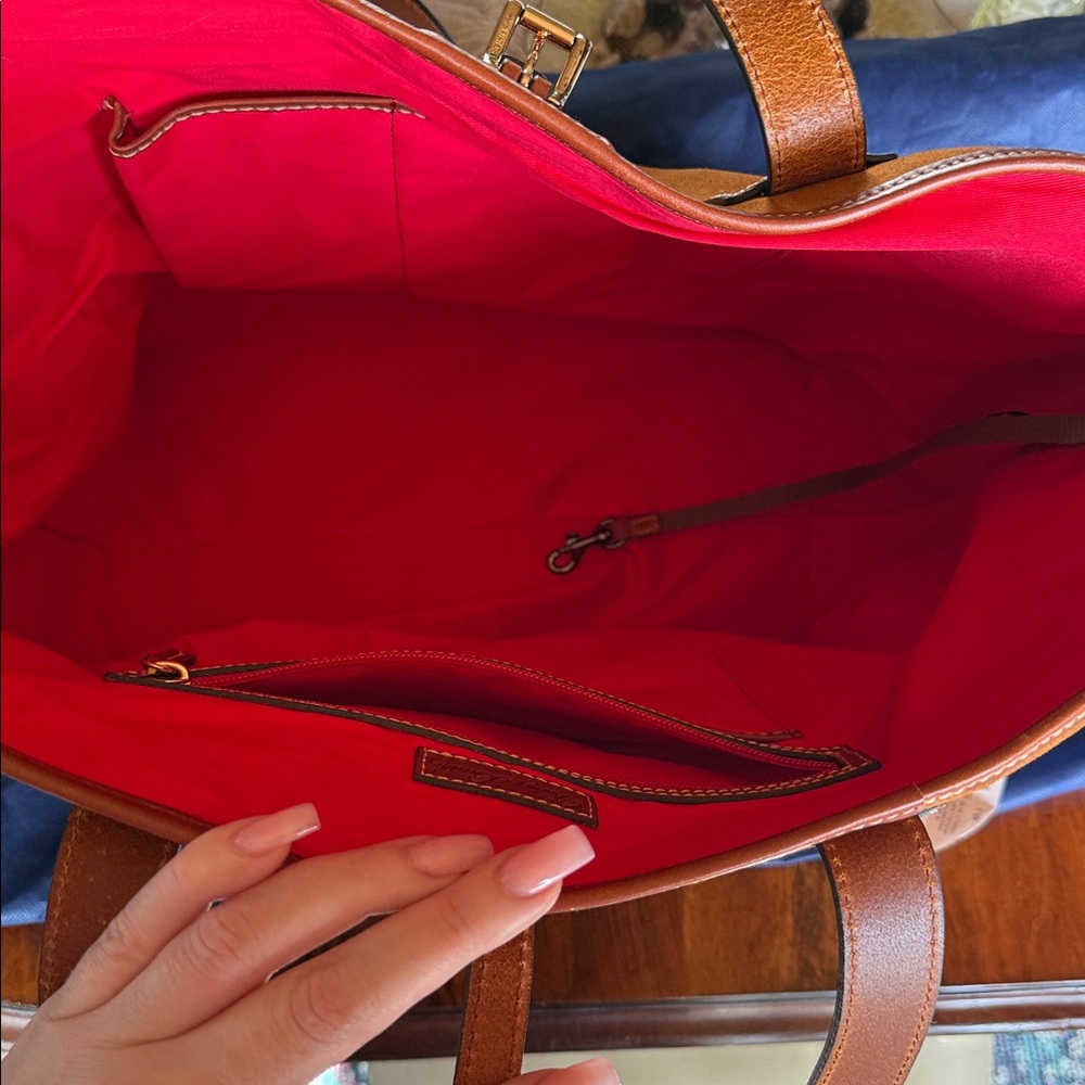 Dooney & Bourke Cognac Suede Tote with Red Lining - Picture 4 of 9